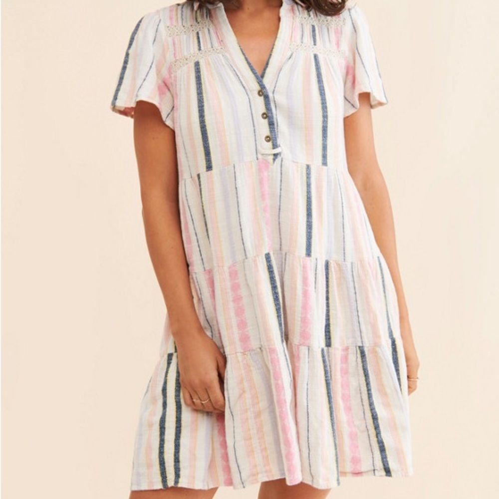 Anthropologie Tiered Striped Multicolor V-Neck Collared Shirtdress